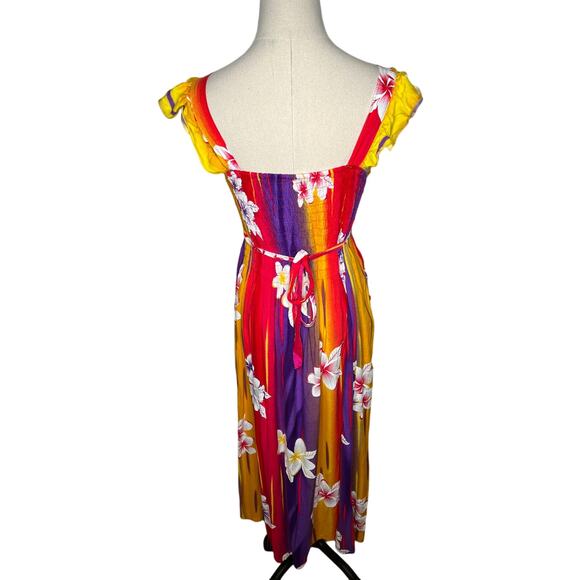 VINTAGE 80s HAWAIIAN Rayon Dress S V-Neck Ruffle Sleeves RAINBOW Red purple 2 4 - Picture 5 of 9
